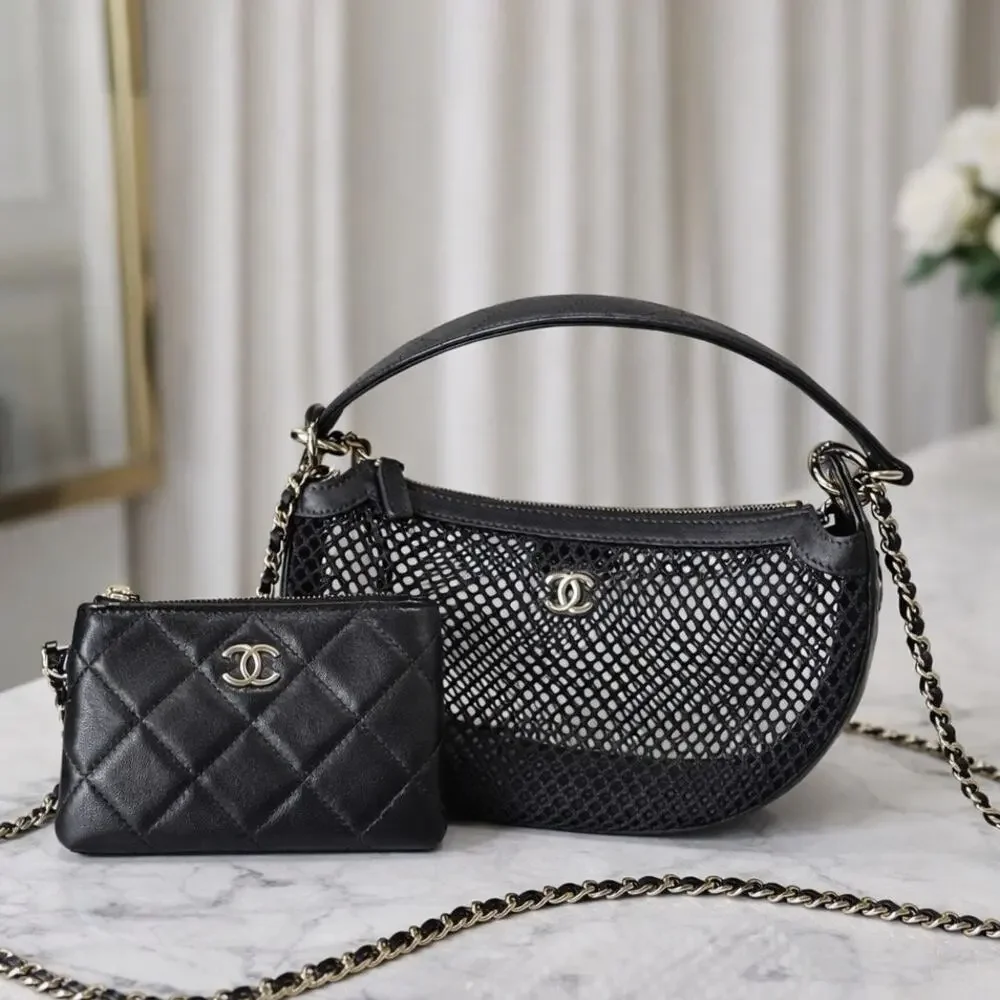 Mesh Shoulder Bag with Chain Strap – Black